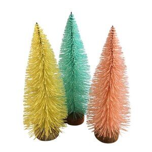 Set Of 3 Miniature Bottle Brush  Trees Spring Easter In Pastel Colors 7 in. tall